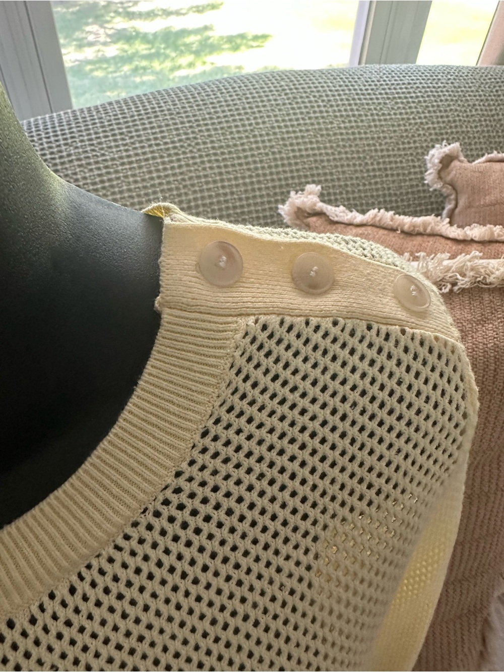 LOFT Cream Open-Knit Crew Sweater with Shoulder Buttons